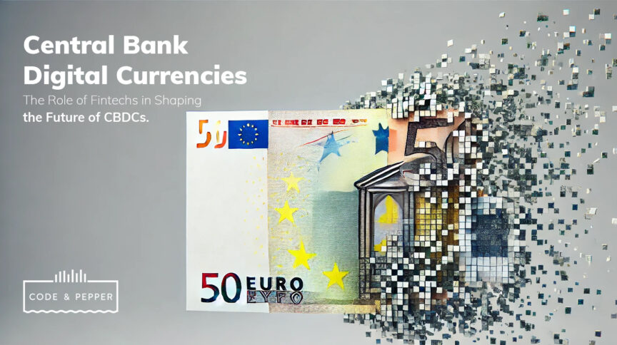 Image illustrating the impact of fintechs on the future of Central Bank Digital Currencies, featuring a fragmented Euro banknote transforming into digital pixels