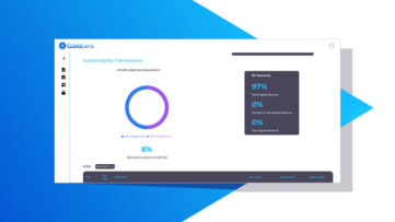 Gaia Lens fintech app screen with user portfolio charts and scores: Portfolio, Environmental, Social, Governance, and Sustainability, in blue and white