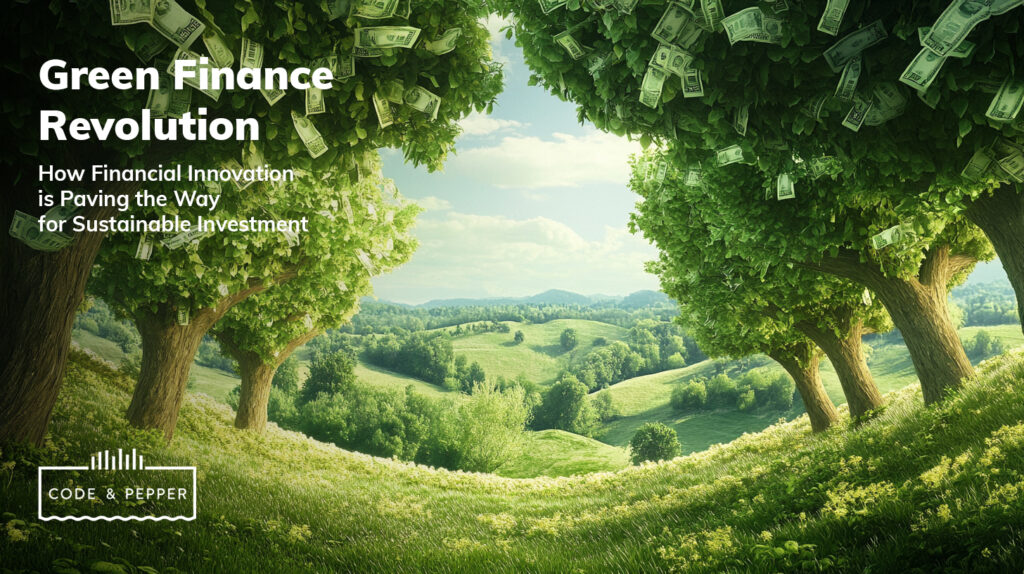 Lush green trees growing money bills in a scenic landscape, representing the revolution of sustainable finance through financial innovation and investment.