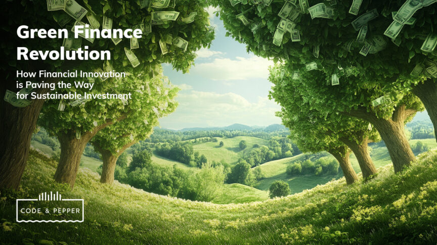 Lush green trees growing money bills in a scenic landscape, representing the revolution of sustainable finance through financial innovation and investment.