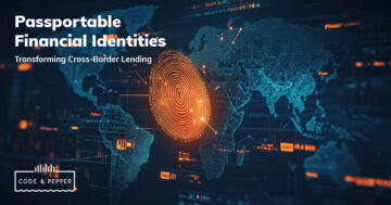 A digital fingerprint graphic overlaid on a world map, symbolizing secure global data exchange and the role of Passportable Financial Identities in transforming Cross-Border Lending